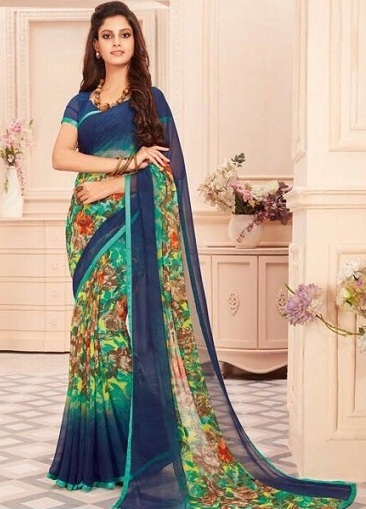 Sari Radhika con estampado floral azul y verde