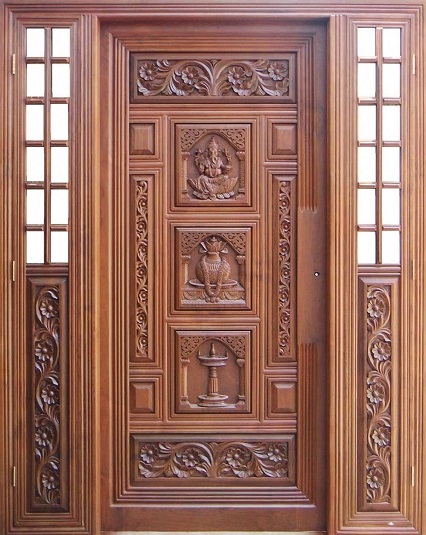 Design della porta della stanza Pooja in legno di teak