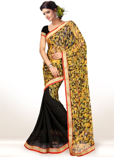 Half Sari-6 Sari con stampa floreale a metà nero e giallo