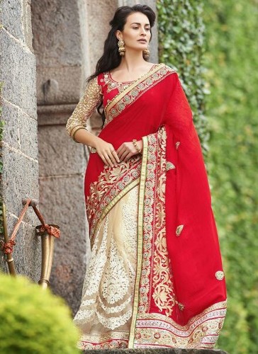 Half Sari-18 rosso brillante e crema Georgette Half-Half Saree