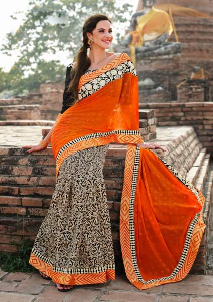21 Metà e metà sari in chiffon nero-arancione