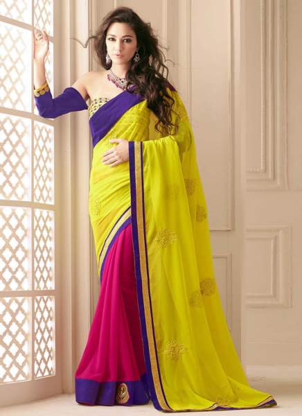 22 Metà e metà sari giallo-magenta con lavori di ricamo