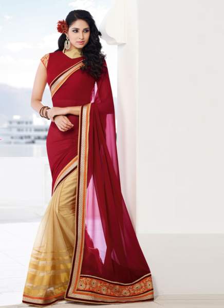 30 Golden Cream Super-Net e Dark Red Georgette Pallu Half-Half Sari