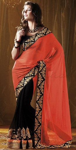 Metà e metà Sari di design nero-arancione
