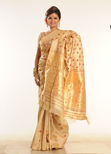 Sari de seda Assam dorado puro