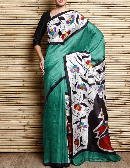 Sari de seda de Murshidabad con estampado de ácido verde