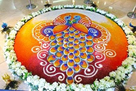 Diseño de pavo real Rangoli para bodas