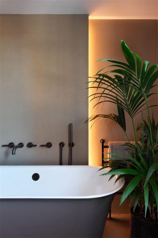 הגדר מבטאים בפנים, שלב תאורה אחורית LED עם צמחים פנימיים ירוקים בחדר האמבטיה