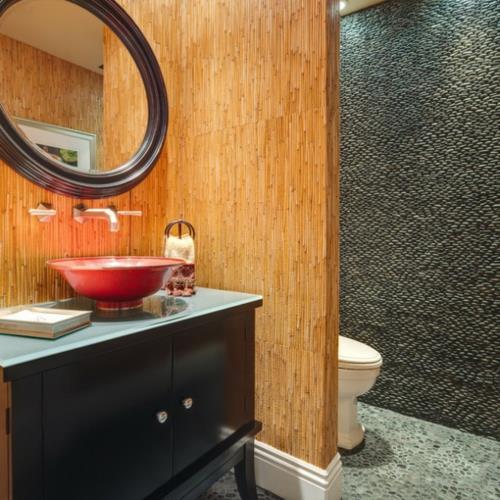עיצוב אמבטיה עיצוב קיר מחיצה בסגנון אסיאתי אסלה במבוק שחור