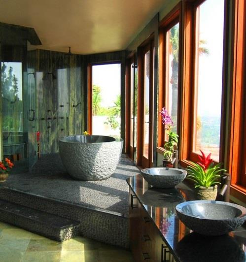 חדרי אמבטיה מעצבים בסגנון אסיאתי-צמחים-אבן-קרים