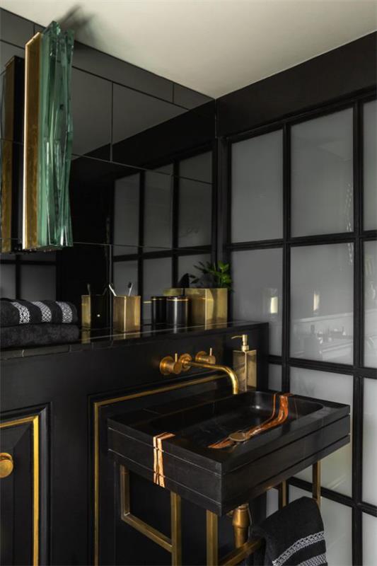 חדר אמבטיה במחיצה שחורה וזהב זכוכית מאט אביזרי יהירות שחורים בצבע זהב