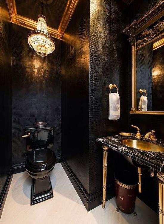 חדר אמבטיה בשירותים שחור וזהב מעניין תאורת אמבטיה מובנית יהלום מראה בהירה בד לבן מימין