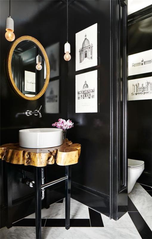 חדר אמבטיה מעץ יהלום שחור וזהב קירות שחורים