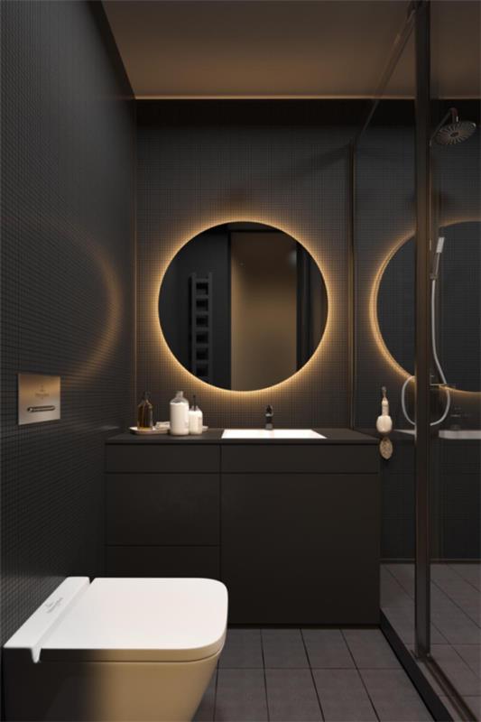 חדר אמבטיה בעיצוב אמבטיה אלגנטי בשחור וזהב מובנה אור מראה אופנתי מאוד