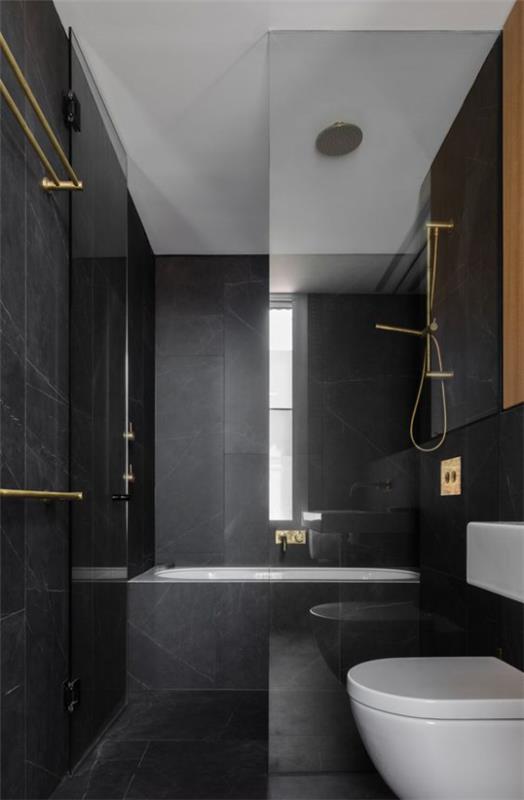 חדר אמבטיה בסגנון אפור בסגנון מינימליסטי שחור וזהב מרענן את העיצוב הפשוט