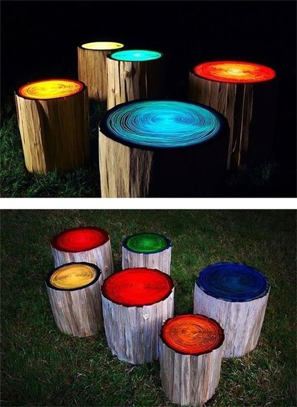 רעיונות יצירה קישוט לגינה מושבי גבעולי עץ בצבעי עץ