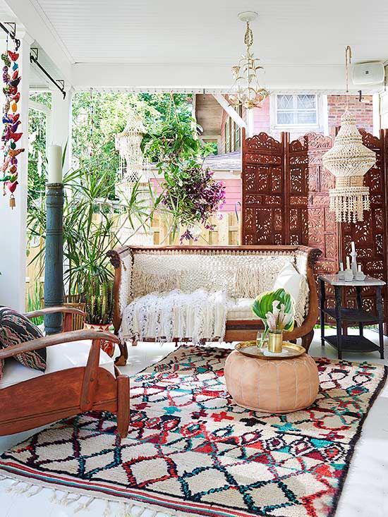 מרפסת בסגנון בוהו בסגנון בונדה צבעים בצבעים רבים שטיח כיסוי ספה בסרוגה עצמית Paravent בסגנון מרוקאי