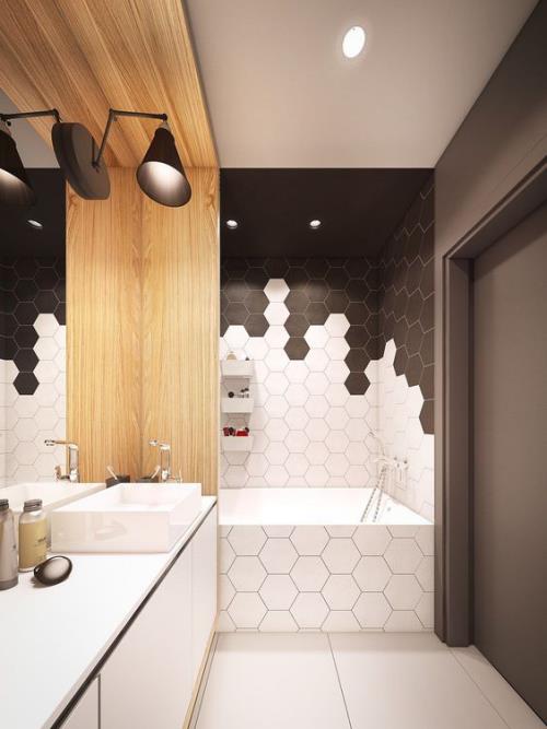 דגשי אריחים בחדר האמבטיה יצירתיים ונועזים שוקולד חום לבן בשילוב עיצוב אמבטיה מודרני עם אריחים משושים