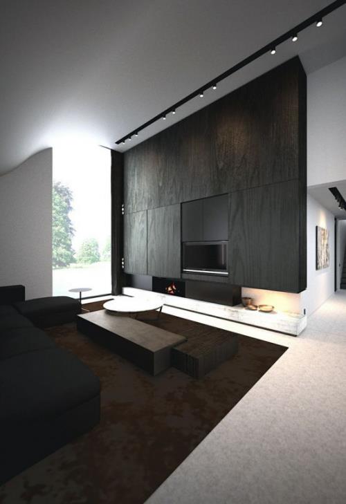 מינימליזם בסלון חדר גדול עיצוב מושלם גוונים כהים בשילוב לבן ואפור
