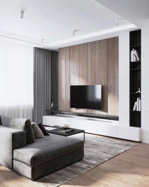 מינימליזם בסלון, עיצוב מושלם, ספה אפורה נוחה, טלוויזיה בעלת מסך שטוח, שטיח, וילונות, הכל בהרמוניה חזותית