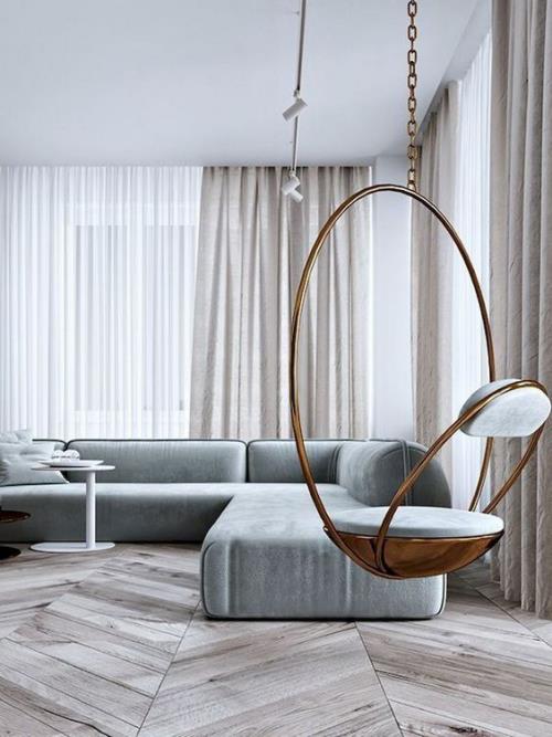 מינימליזם בסלון, עיצוב מושלם, ריהוט מופחת, כיסא תלוי בחזית
