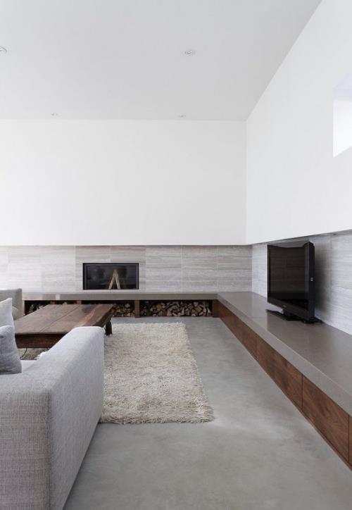 מינימליזם בסלון עיצוב חדר מושלם אח מובנה אח עצי הסקה שטיח ספה אפורה