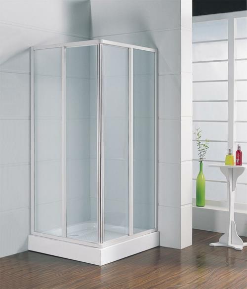 תא מקלחת בעיצוב מפוכח עשוי מסגרת לבנה מזכוכית
