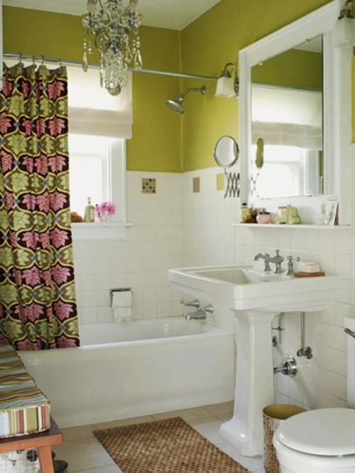 צבע קיר מודרני לווילונות אמבטיה ירוקים בחדר הרחצה הירוק