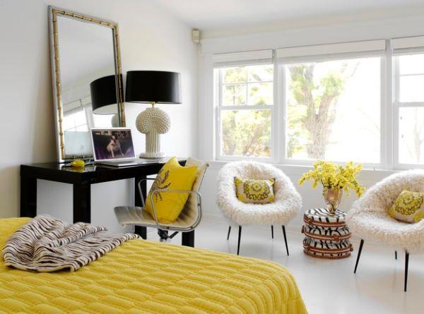 גווני מנורות שחורות מודרניות בעיצוב פנים חדר שינה צהוב לבן