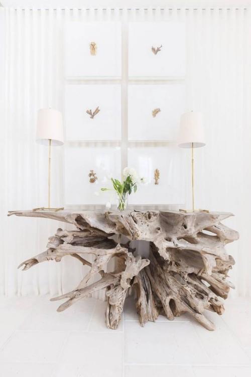 עץ סחף בשולחן הפנים עיצוב חדר מודרני בלבן