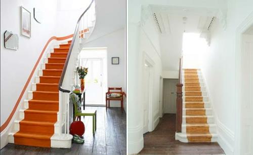מדרגות ושטיחים למדרגות עץ כתומות לפני ואחרי