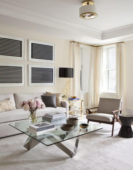 סלון הרחב אופטית סלון אלגנטי בסגנון עיצוב אפור בהיר שטיח מקיר לקיר אור טבעי