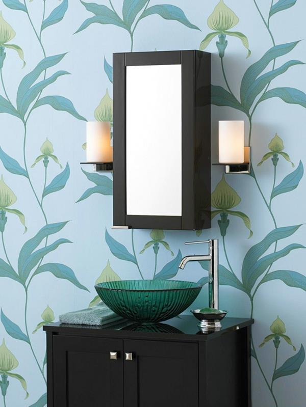 עיצוב חדר אמבטיה רעיונות טפט קיר כחול דפוס פרחים
