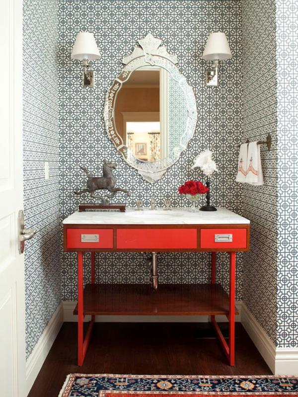 רעיונות לעיצוב חדר אמבטיה שחור לבן אדום שולחן צד