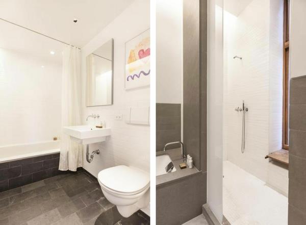 חדר אמבטיה אריחים לבנים שחורים קומפקטית דירה מסורתית ניו יורק
