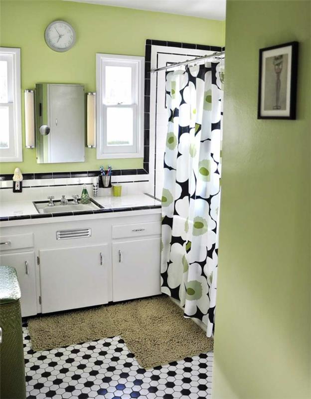 אריחי אמבטיה אריחי רצפה לבן שחור וילון אמבטיה צבע קיר ירוק