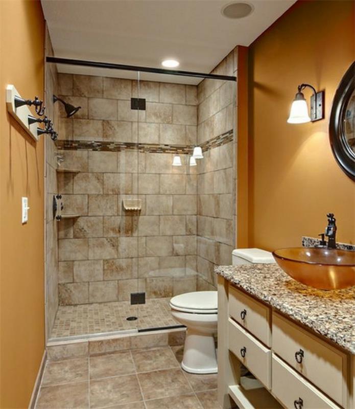 עיצוב אריחי אריחים בחדר האמבטיה תאורה בצבע קיר כתום