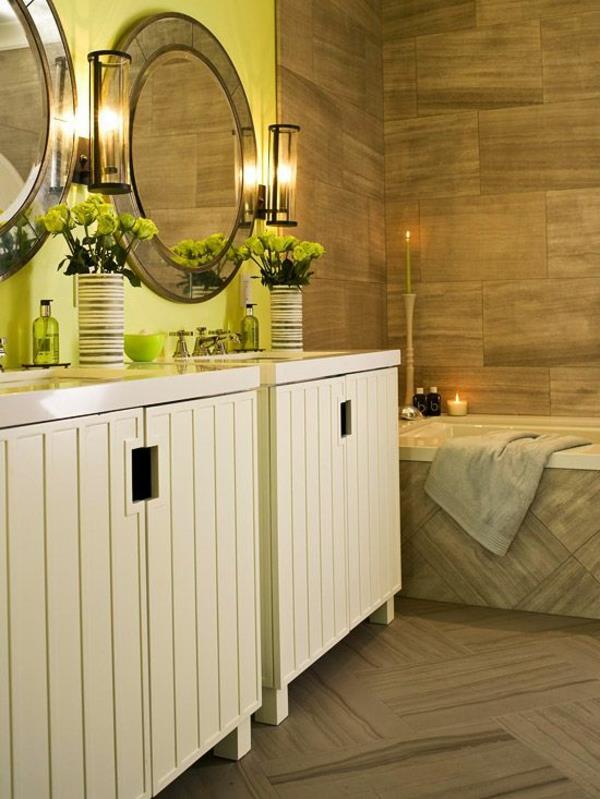 רעיונות לעיצוב חדרי אמבטיה צבעי קיץ מראה עגולה ריהוט אמבטיה