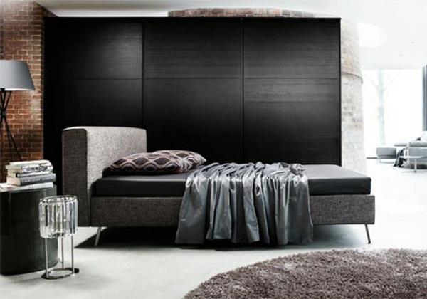 קיר לבנים חום קירות שחורים עיצוב רעיון חדר שינה