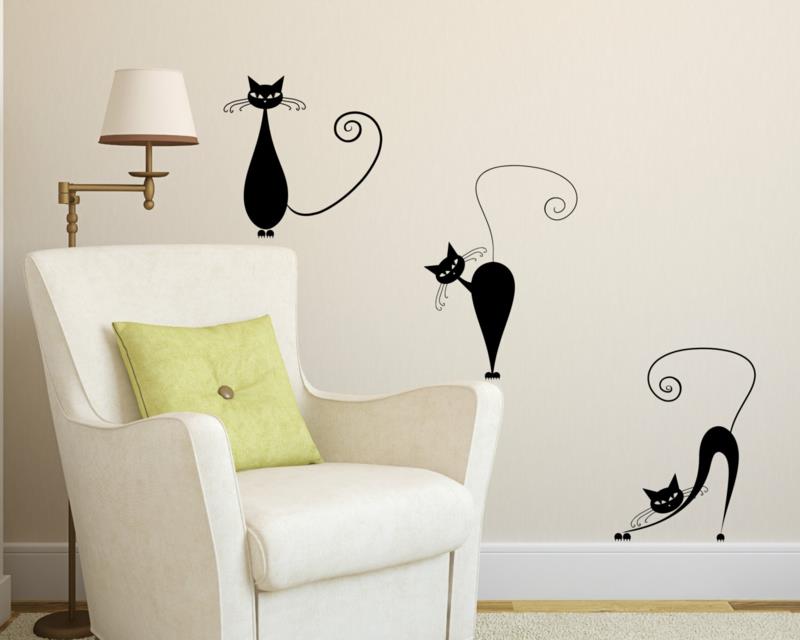 מדבקות קיר מגניבות צבע קיר בסלון לבן חתולים שחורים ומצחיקים