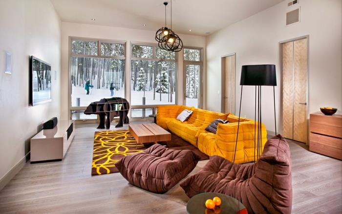 ריהוט מגניב סלון ספה צהובה כורסאות חומות