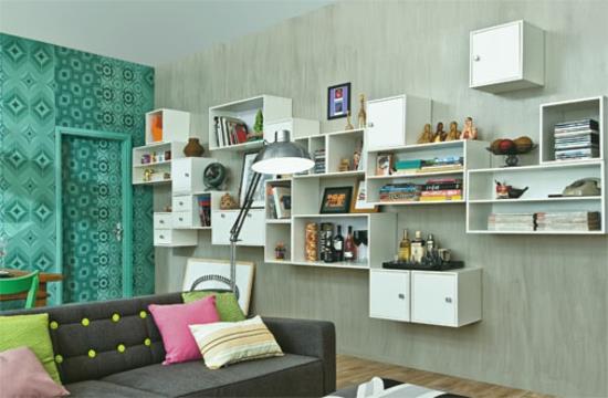 רעיונות מגורים מגניבים סלון עיצוב ספת קיר בסגנון טפט מדפי קיר