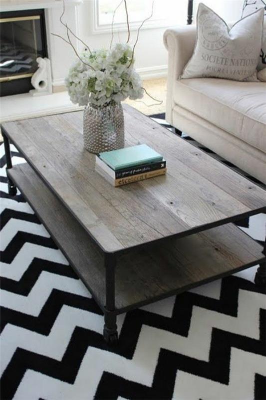 שולחן קפה שטיח עץ בדוגמת שברון שחור לבן
