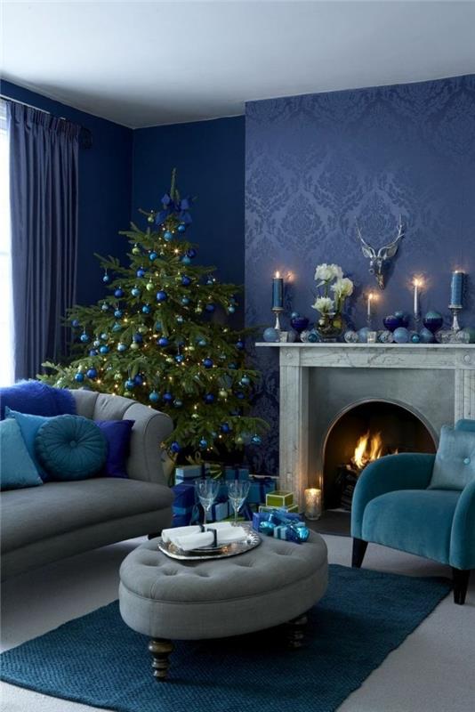 קישוט לסלון חג המולד טפט כחול עץ חג המולד