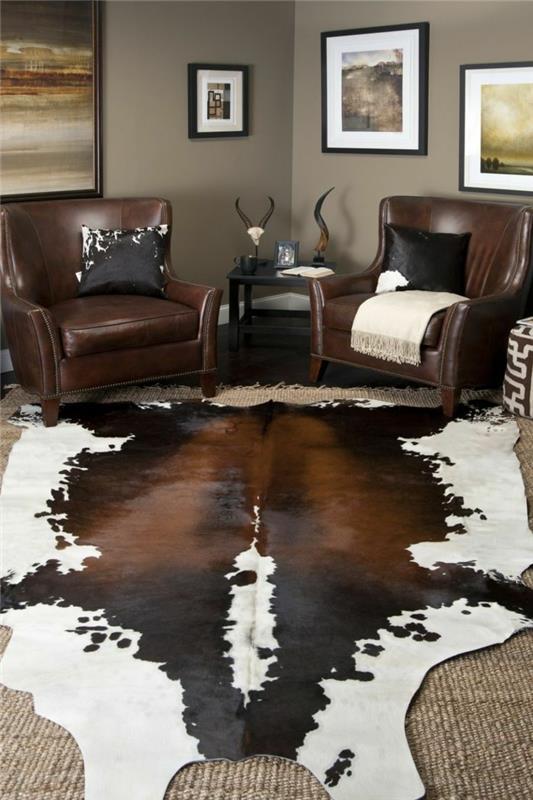 רעיונות לריהוט לסלון הנחת שטיח עור מעל השטיח
