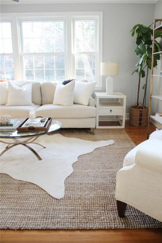 רעיונות לריהוט לשטיח הפרווה של הסלון הניחו ריהוט לבן מעל השטיח