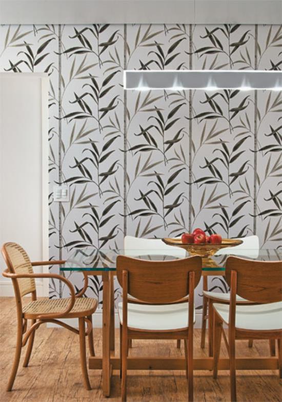 חדר אוכל עיצוב קיר עיצוב ריהוט עץ שולחן אוכל עם כיסאות רעיונות לקישוט קיר דפוס טפט