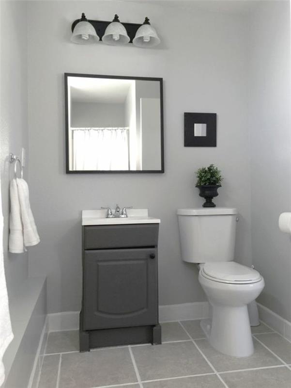 צבעי צבע קיר אפור בחדר האמבטיה ומבטאים באפור כהה