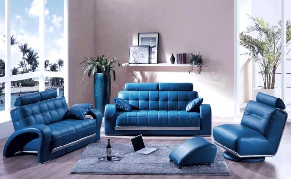 צבע רעיונות סלון רהיטים כחולים עור