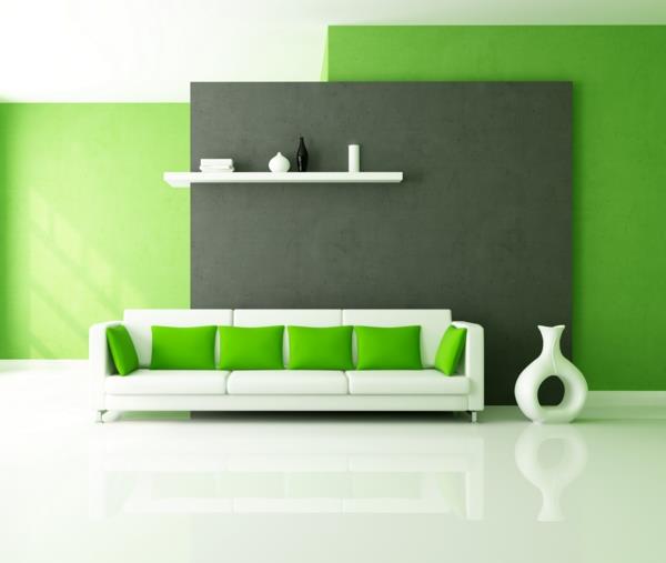 צבע רעיונות סלון ספה לבנה כריות ירוקות